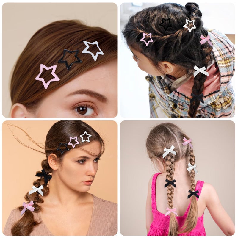 Tyqour 48 Pcs Mini Bow Hair Clips Star Clips Satin Small Hair Bow Clip Star Barrettes Metal Non-Slip Cute Bowknot Stars Pins Y2k Accessories for Women Girls Kids Toddlers (Black, White, Pink) - Image 3
